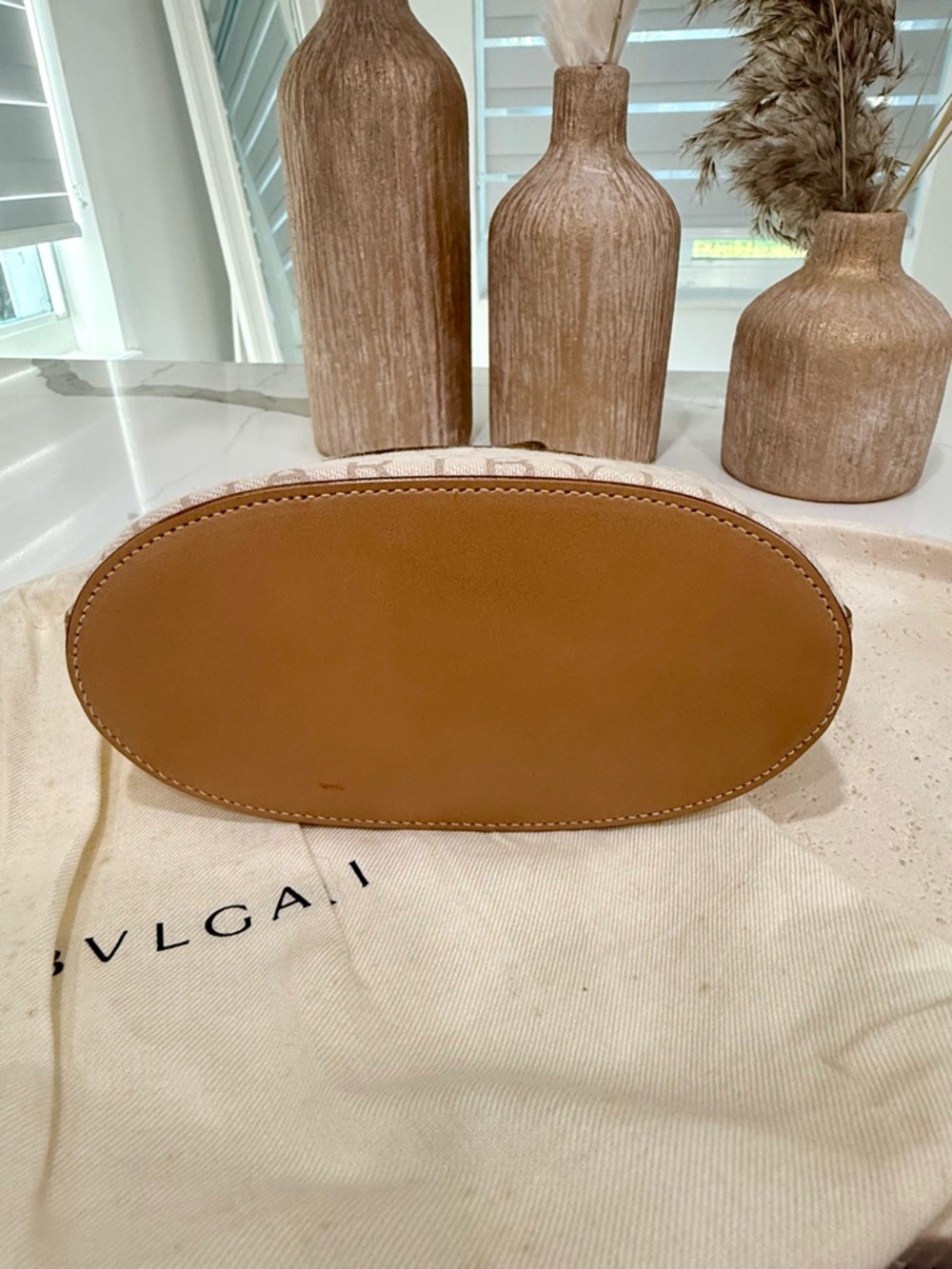 Bvlgari Logomania Mini Tote Bag - Beige Canvas & Tan Leather - Authentic BULGARI - Picture 8 of 11